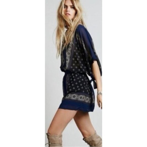 NWT Free People Printed Boho Chiffon Kimono Mini Dress Tunic - Picture 4 of 16